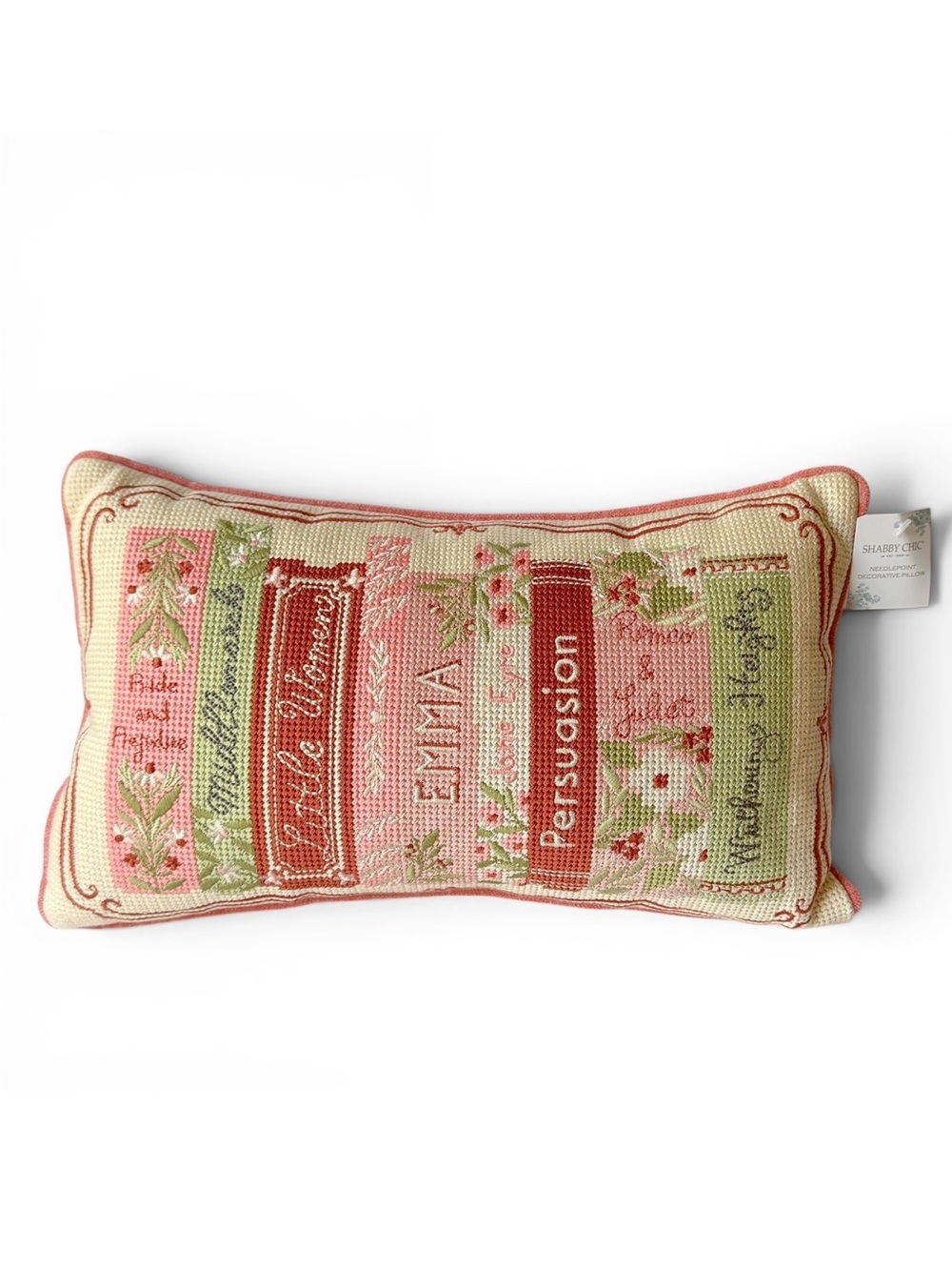 Romance Book Classics Lit Pink Needlepoint Pillow 9x15 in. Shabby Chic NEW